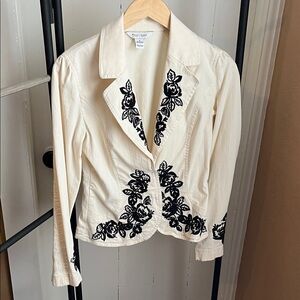 White House Black Market Cream Blazer with Black Embroidery